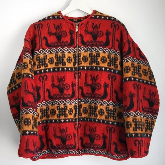 Vintage Jackets & Blazers - Vintage Nordic Wool Zip Jacket | Scandinavian Folk Pattern Coat I L